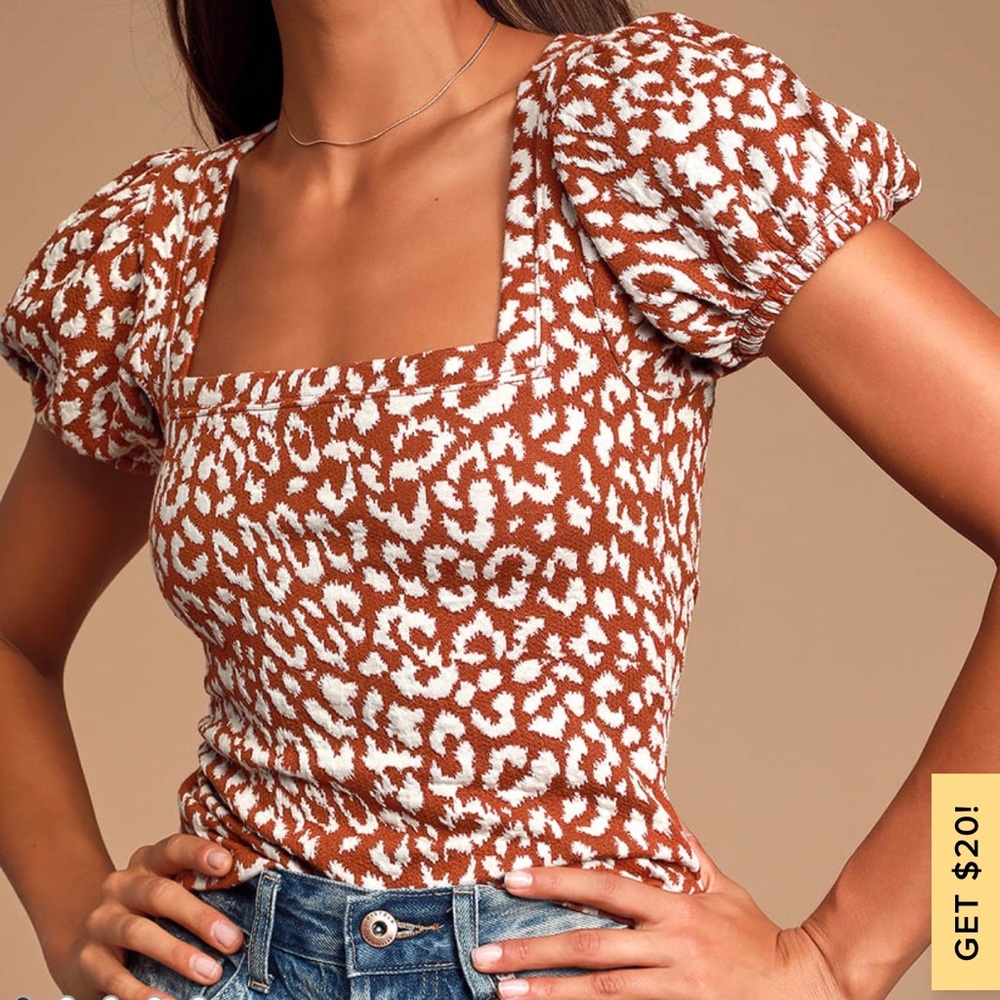 Free People Brown Leopard Print Puff Sleeve Tee